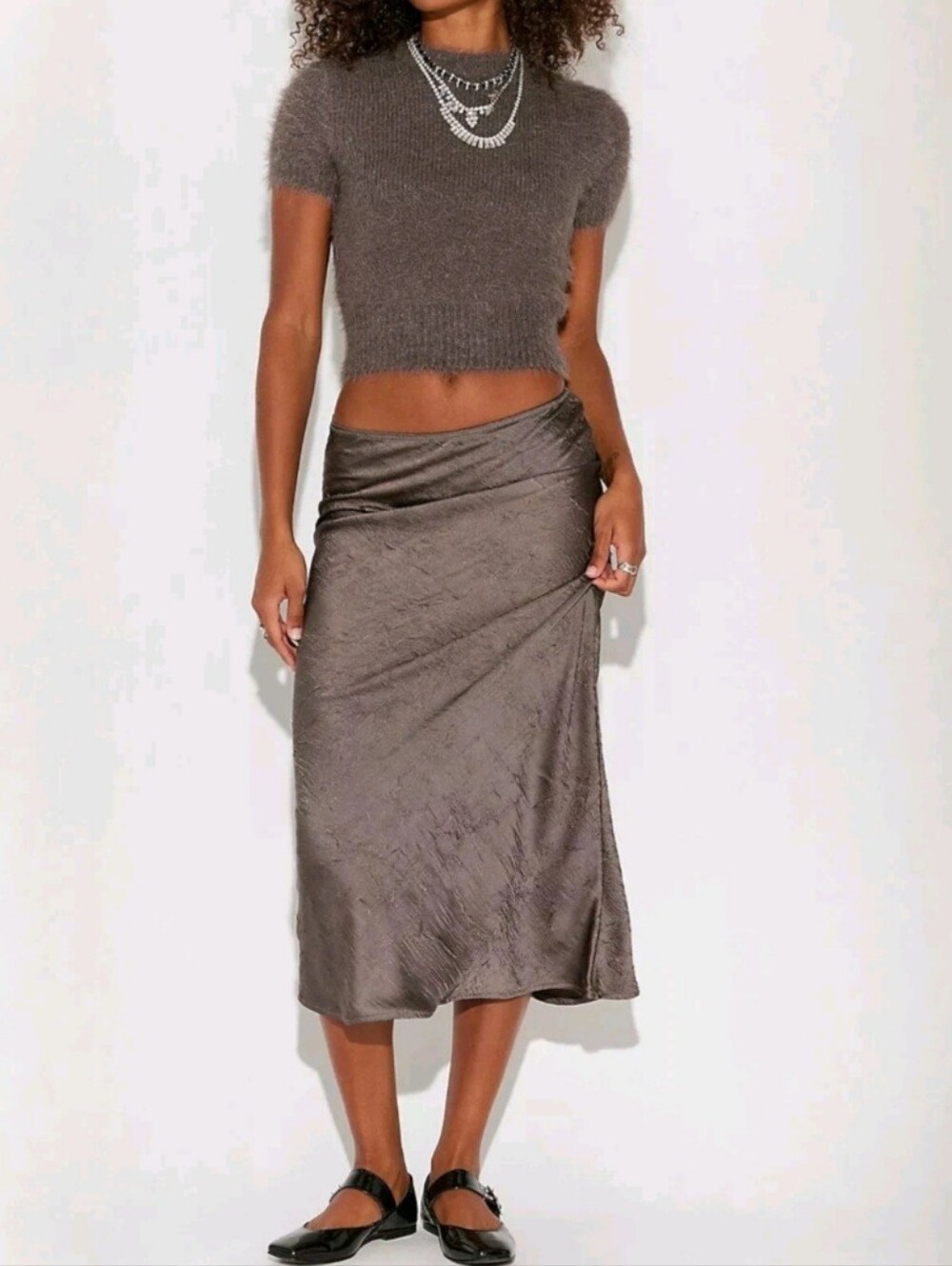 Free People Alexandra Satin Maxi Skirt Set Sweater Crop Top Gray M NWT